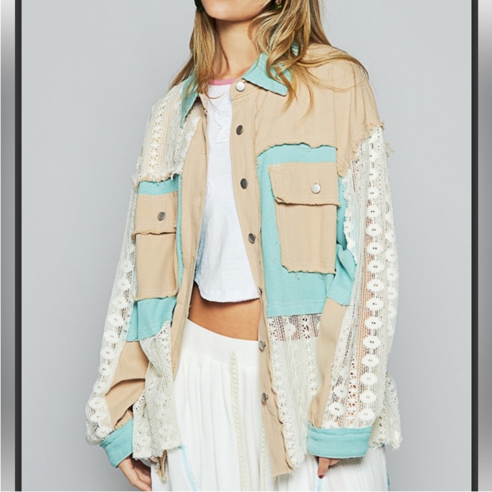 656 POL Beige and Teal Patchwork Utility Jacket N… - image 4